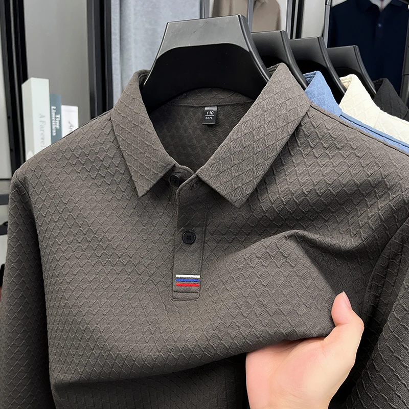الاتجاه الفاخر الخفيف طويلة الأكمام قميص بولو للرجال أزياء العلامة التجارية شخصية متقلب طباعة بلون عارضة جديدة التلبيب تي شيرت #4