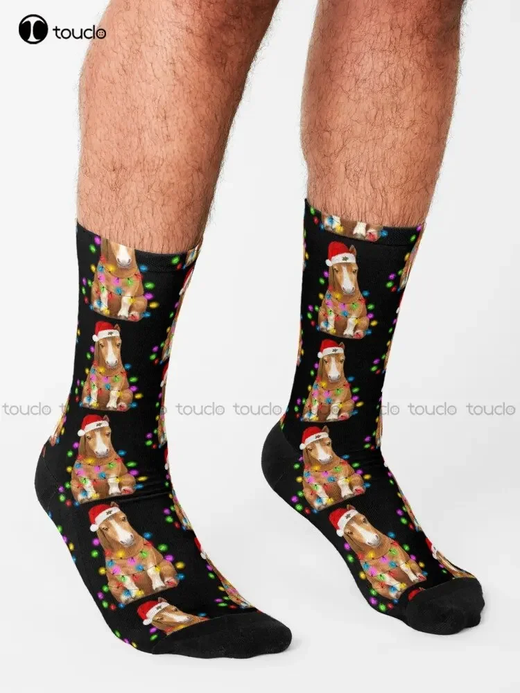 Horse Christmas Light Socks Cozy Socks Personalized Custom Unisex Adult Teen Youth Socks 360° Digital Print Custom Gift Cartoon