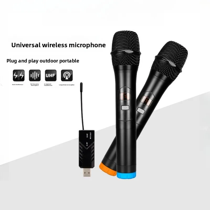 

UHF Frequency-Adjustable 1-to-2 Wireless Mic Set Semi-Metal Handheld with USB Receiver 20-30M Range for Outdoor Speaker/Home Use