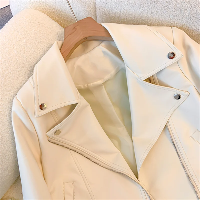 Streetwear Black Short Faux Pu Leather Jacket With Belt Women Beige Slim Short Coat Autumn Lapel Long Sleeve Female Biker Jacket