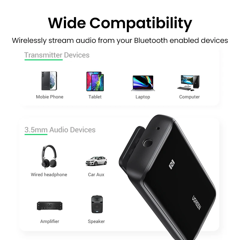 UGREEN Đầu Nhận Bluetooth 5.0 USB DAC 3.5Mm Âm Thanh Không Dây Bộ Khuếch Đại Tai Nghe NFC AptX AptX HD QCC3034 Bluetooth 5.0 Adapter