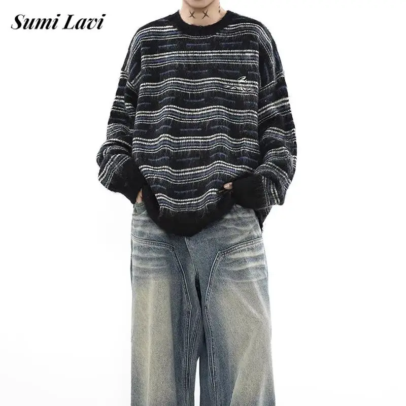 

Осень-зима 2025 г., повседневный мужской свитер с длинным рукавом и круглым вырезом, вязаный джемпер, топы, мужские винтажные полосатые вязаные свитера с вышивкой