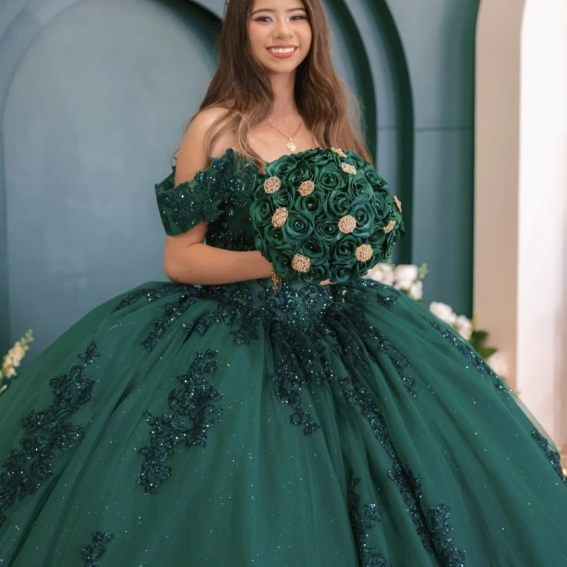 Shiny Dark Green Quinceanera Dress Sequin Crystal Decal Long tail off-shoulder Vestidos De 15 Quinceanera ﻿Customize