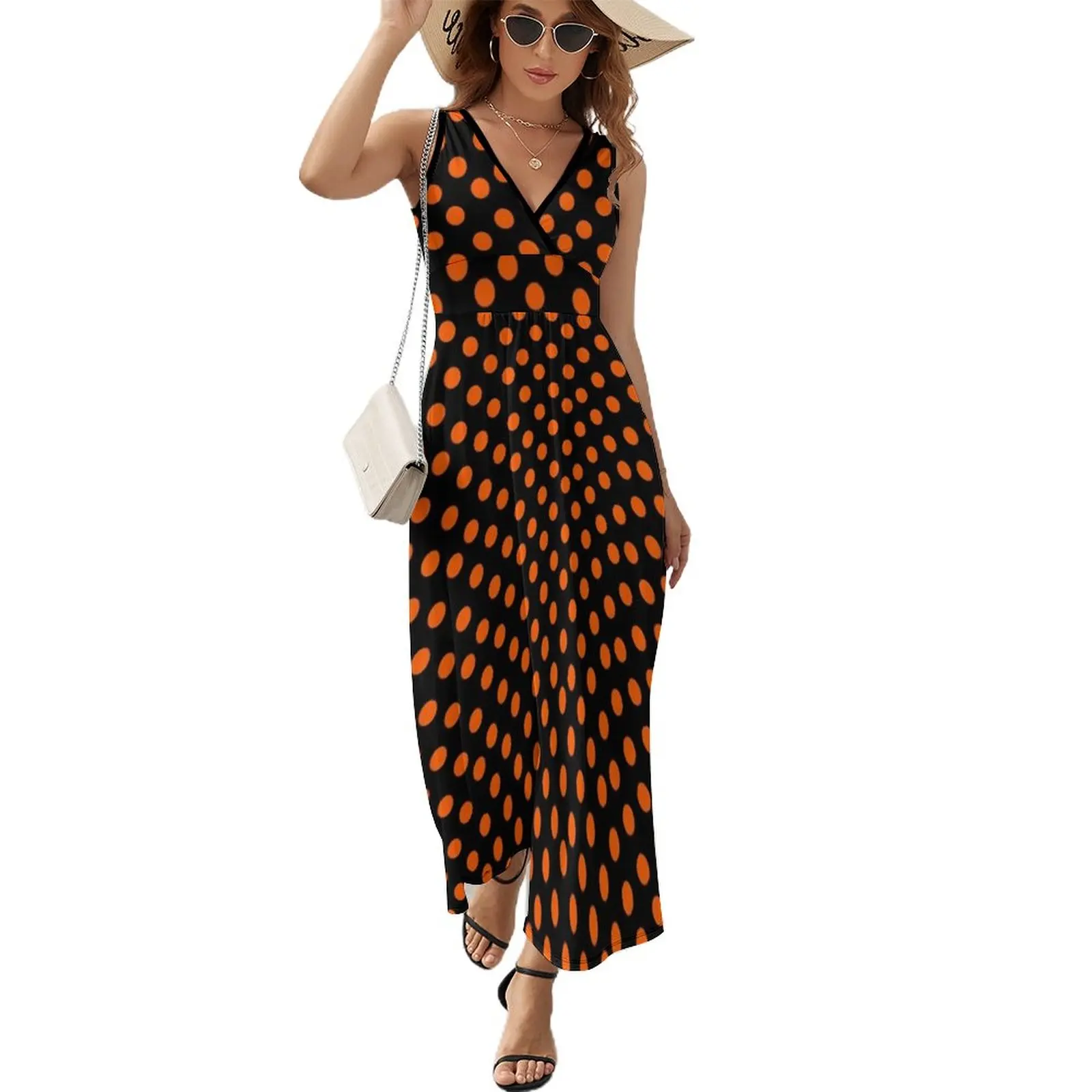 

Orange on Black Polka Dots Sleeveless Dress women's clothing korea stylish dresses for womens 2023 summer dress woman 2023