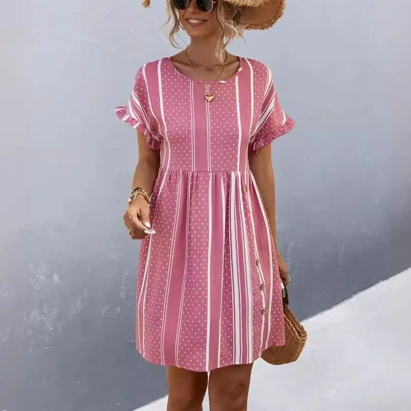 

2024 Summer New Women Patchwork Splicing Contrasting Colors Round Neck Short Sleeved Ruffles Corset Comfortable Word a Dress