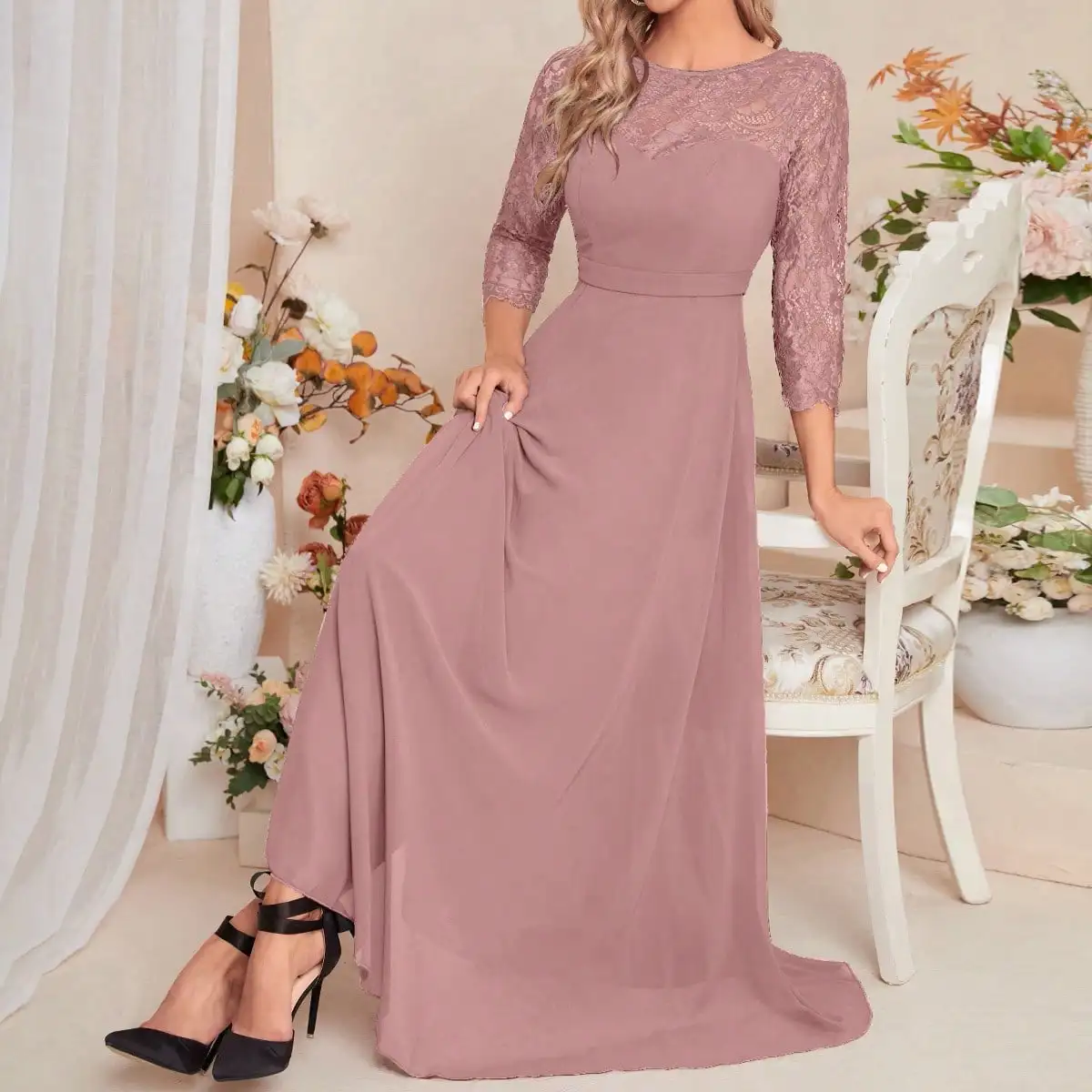 Unithorse Elegant Contrast Lace Chiffon Bridesmaid Dress