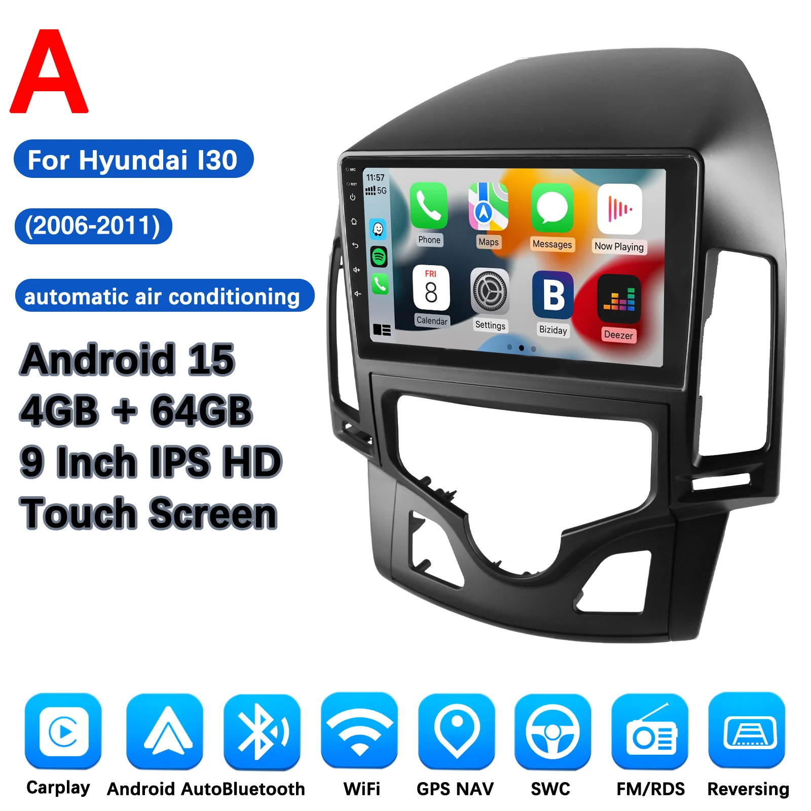 MOPECT 4+64GB Android 15 autoradio voor Hyundai I30 AT/MT 2006-2011 multimediaspeler GPS 2DIN autostereo draadloze CarPlay FM/AM