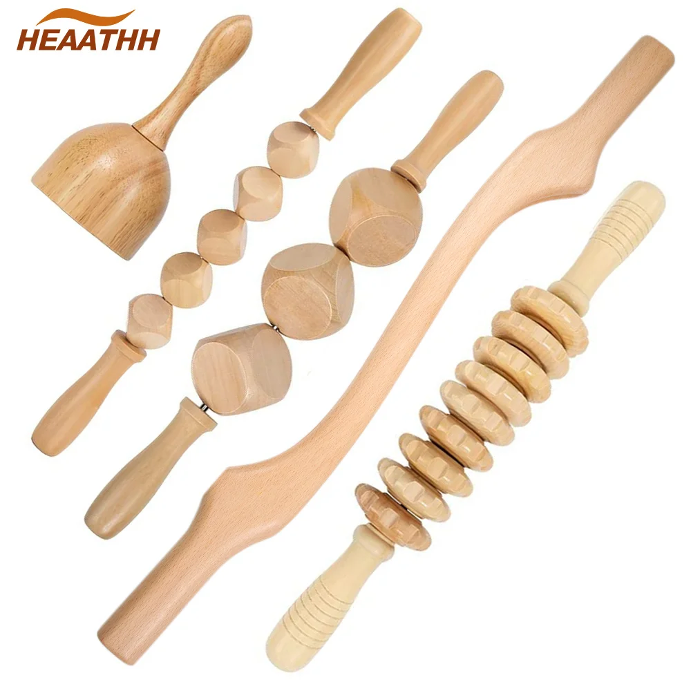 5Pcs/Set Wooden Lymphatic Drainage Massage Roller Stick Wood Swiss Cup Wood Therapy Tools for Anti-Cellulite Body Sculpting