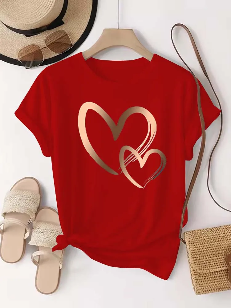 Summer New Fashion Women's Heart Printed T-shirt Trendy Casual Round Neck Top Short Sleeves Women T-shirt Women Clothing image 5