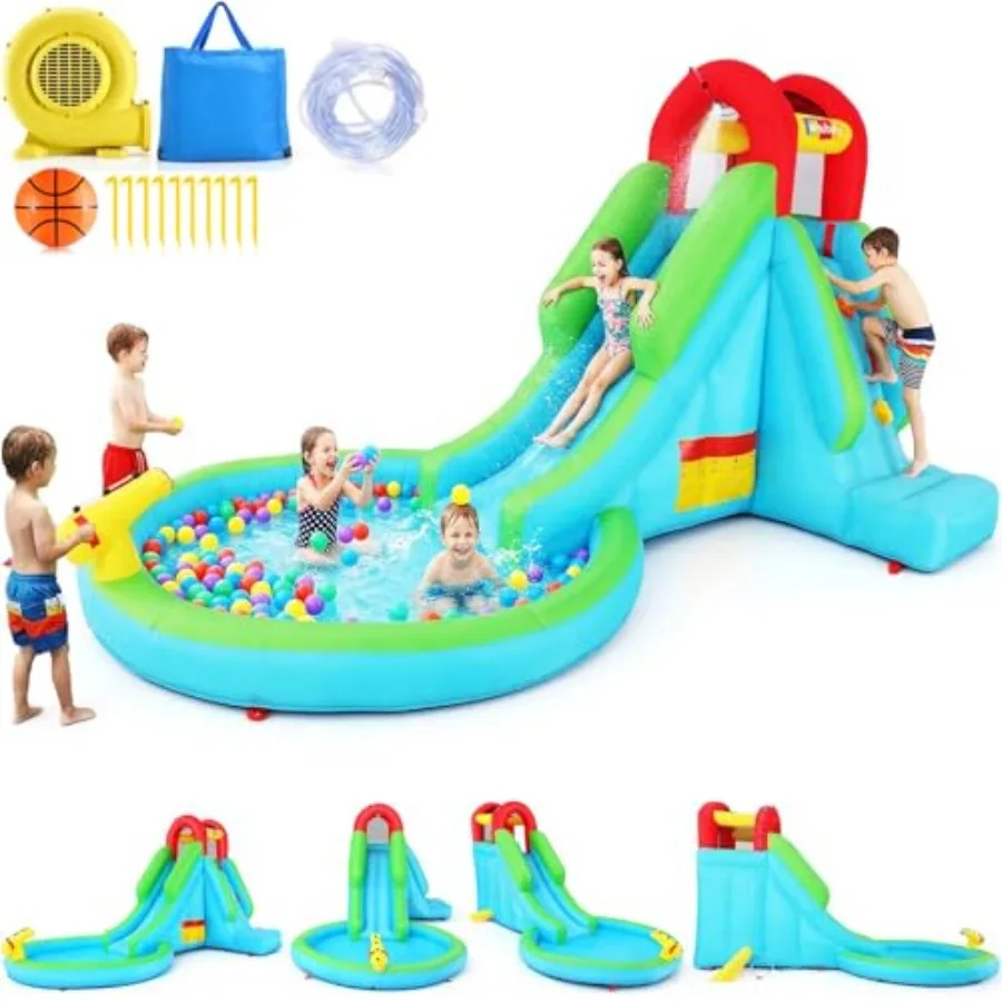 

Inflatable Water Slide for:PVC, Blue Yellow, 5-in-1 Wet/Dry Play with Long Slide, Water Cannon, Climbing Wall Splash Pool for B