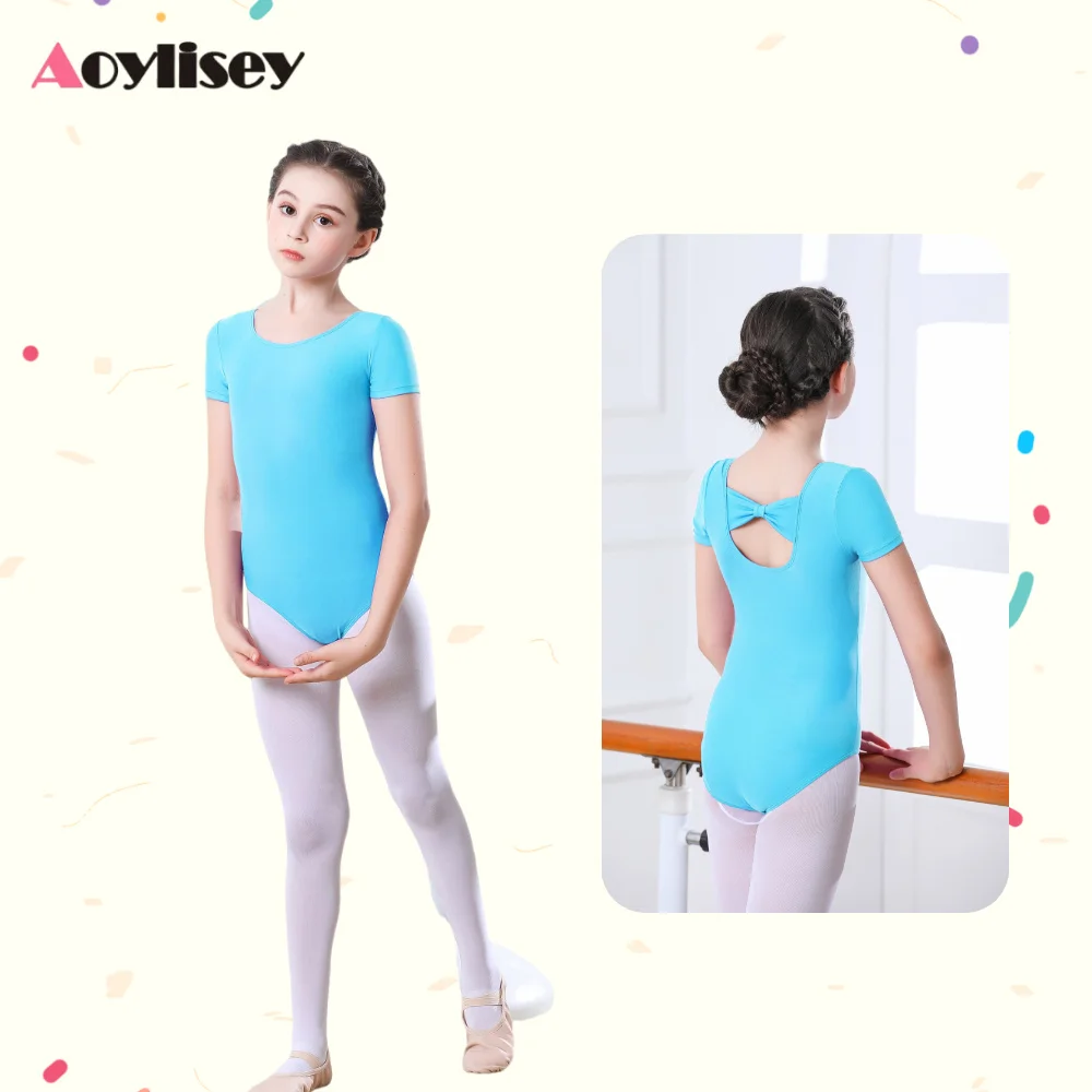 리본이 달린 어린이 발레 댄스 레오타드 유아용 반팔 체조 훈련 바디수트 새로운 스타일 댄스 의상