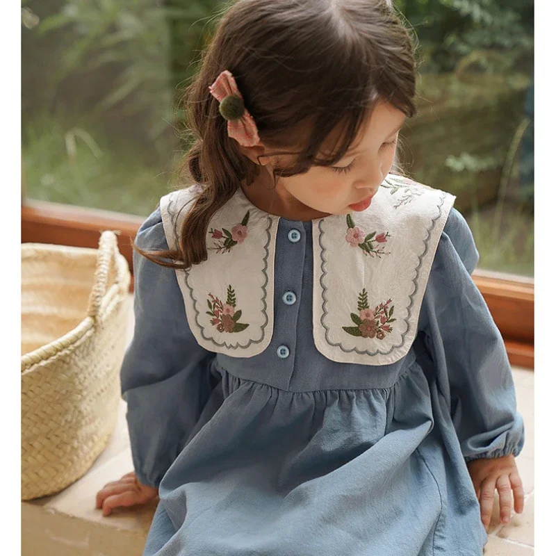 Girls Dress Spring Autumn Long Sleeve Lapel Embroidered Princess Dress Kids Clothes Fashion Korean Children Dresses 2 3 4 5 6 7Y