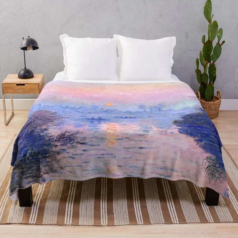 Claude Monet Sunset on the Seine at Lavacourt, Winter Effect Throw Blanket Cute Decorative Sofas Luxury Throw Blankets