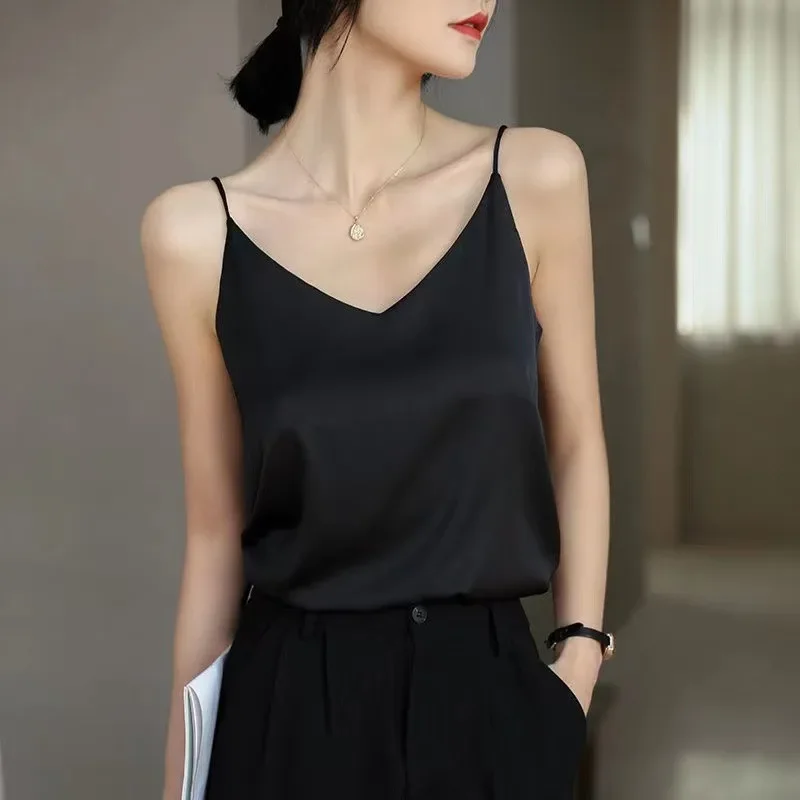 Fashion Strap Top Women Halter V Neck Basic White Cami Sleeveless Satin Silk Tank Tops Women\'S Summer Camisole