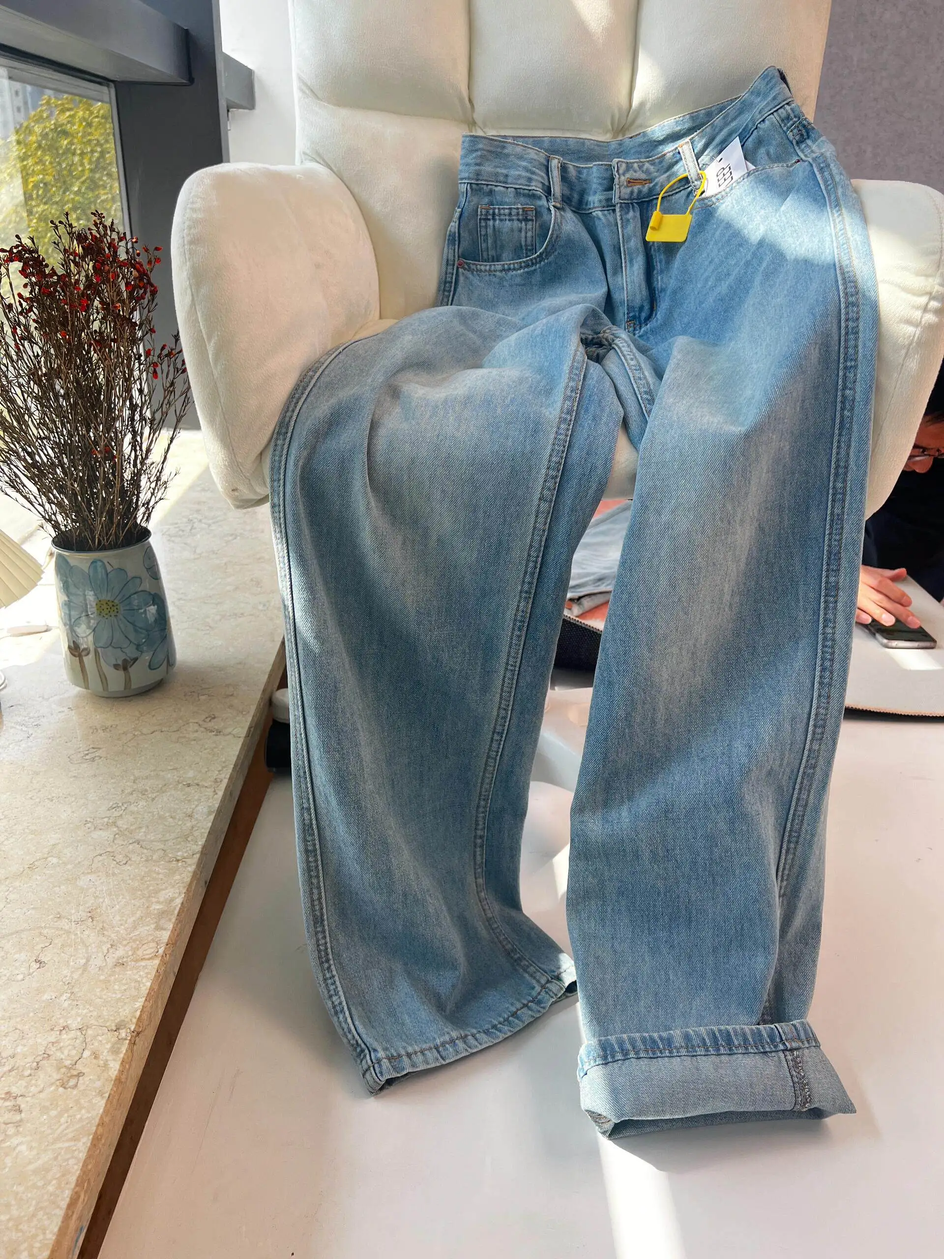 

Spring 2026 Women's Loose Straight Leg Jeans Slimming Drapey Narrow Wide Leg Pants Commute Casual High Waist Denim Jeans
