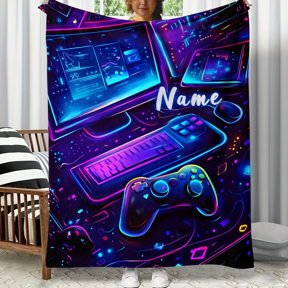 Custom Name Computer Game Controller Fleece Blanket, suitable for sofa, bed, birthdays, children, friends, gifts