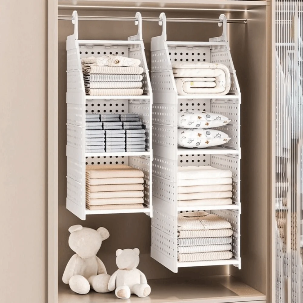 

Plastic Multi-Layer Clothing Organizer Foldable Large Capacity Hanging Clothes Storage Rack with Hook Space Saving