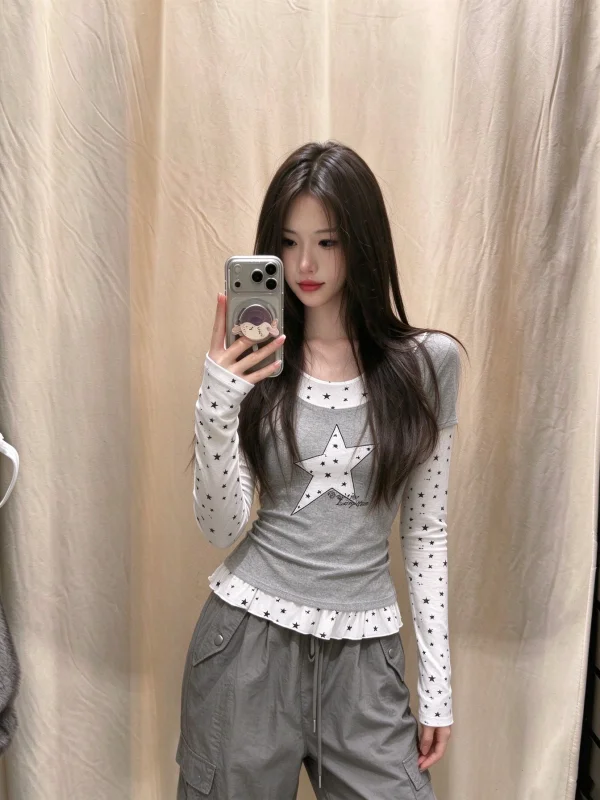 Slim Fit Star Grey Long Sleeve T-Shirt Women's Autumn Base Layer Shirt Fake Two-Piece Design Casual Style round Neck Top