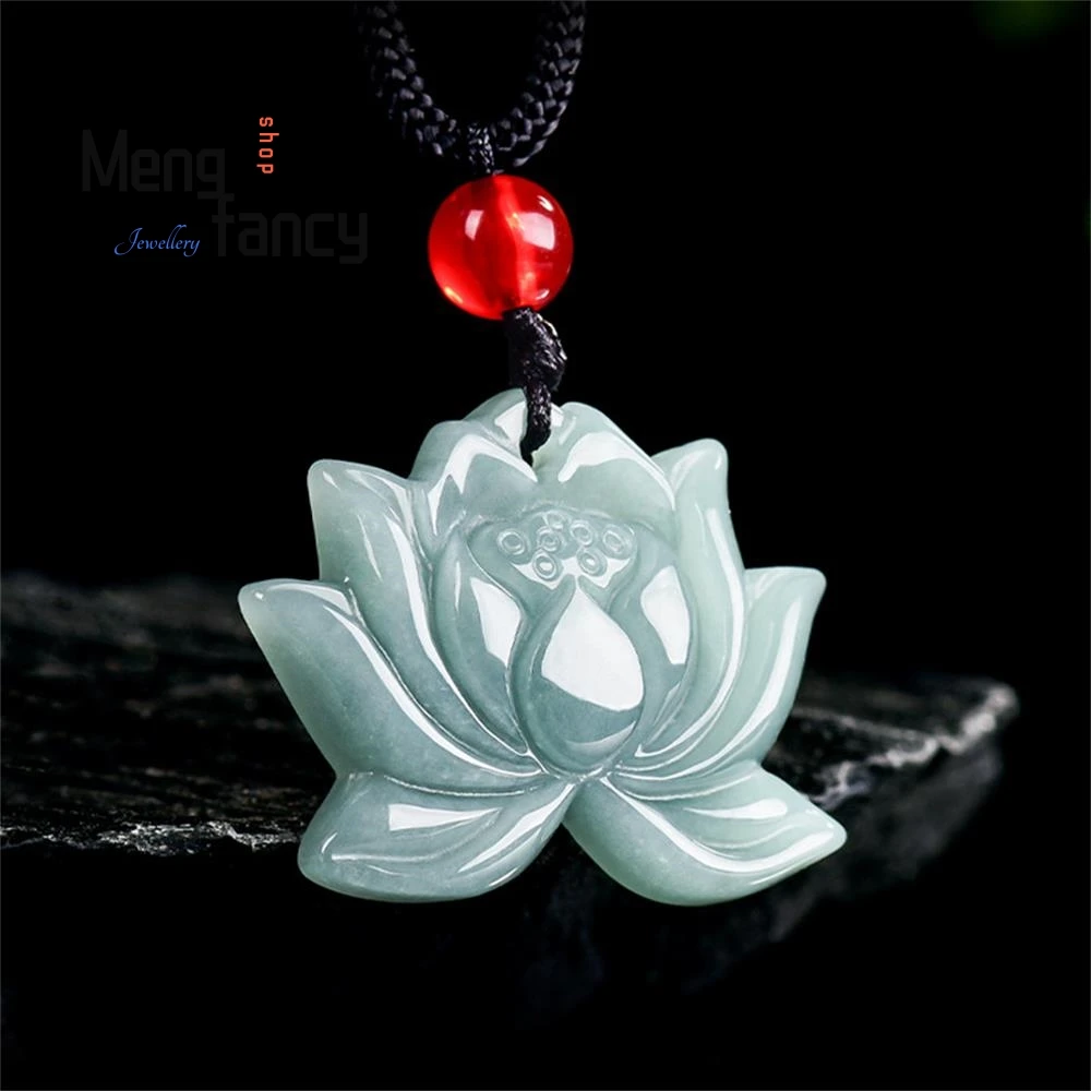 

Natural A-grade Jadeite Blue Water Lotus Flower Ice Type Jade Pendant Simple Exquisite Fashion Fine Jewelry Couple Holiday Gifts