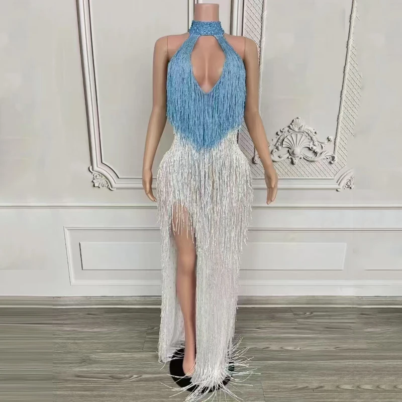 6 カラーブロックフリンジパーティードレス女性祝うフェスティバル衣装ナイトクラブバーイブニングドレスステージキャットウォーク衣装 XS10143