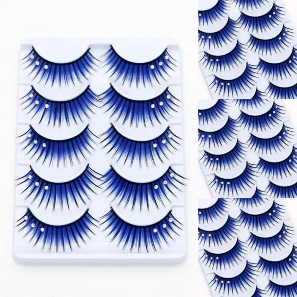 Hermoso con tres diamantes pestañas azules exageradas coloridas pestañas de escenario escena de maquillaje pestañas postizas naturales mujeres