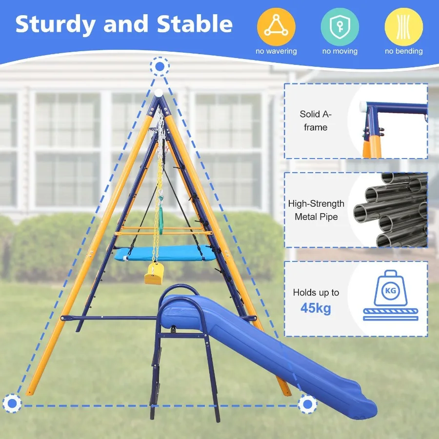 500 lbs 7 in 1 Swing Set for Backyard Outdoor AFrame HeavyDuty Metal Swing Sets with Slide 2 Swing Seats 1 Climbing Net Ladder