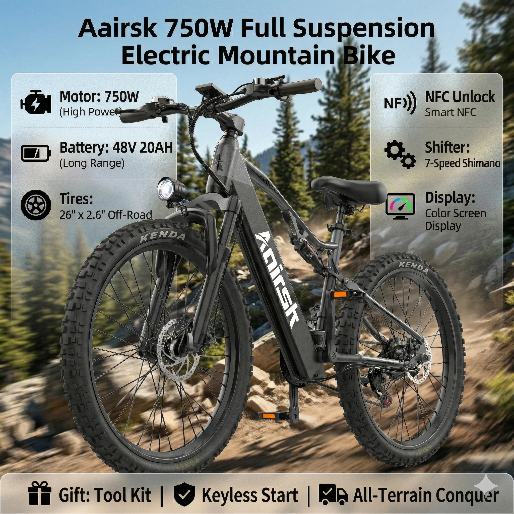 Aairsk 750W 48V 20Ah Electric Bike Adult 26x2.6" Off-Road Mountain Bicycle Full Suspension Smart NFC Color Display Shimano E-MTB