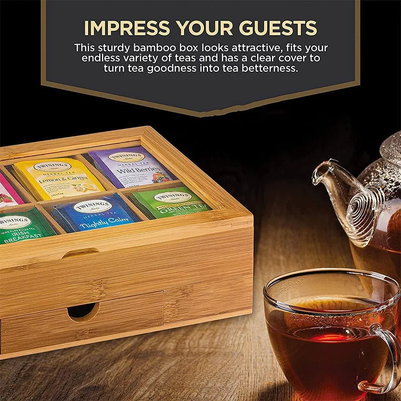 Wood Tea Bag Organizer with Multiple Compartments Practical Tea Box Organizer for Display Home Pantry Kitchen Office Countertop