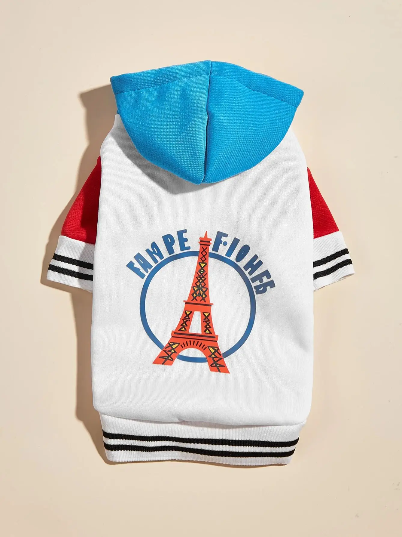 Pet clothes dog cat jacket Warm and comfortable clothes with Eiffel Tower print blue, white and red panels