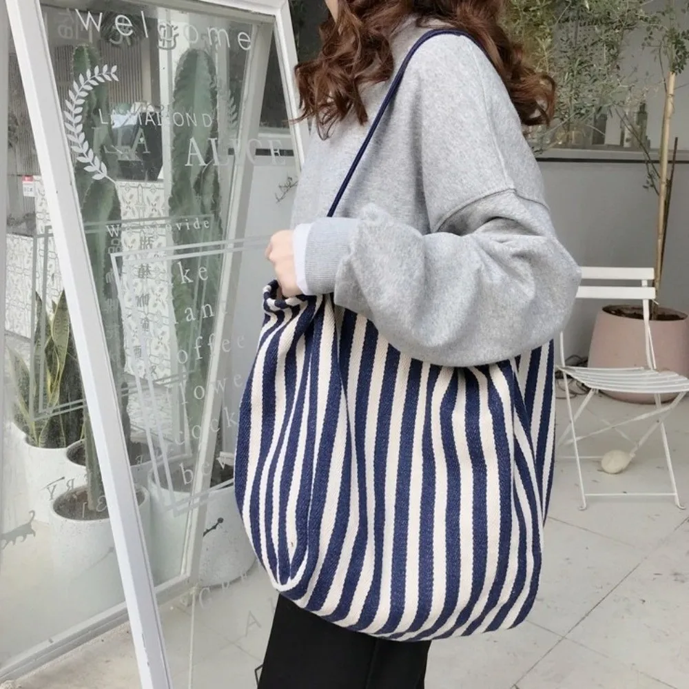Simple Multifunctional Stripe Handbag Korean Style Square Canvas Shoulder Bag Large Capacity Tote Bag Shopping Bag Girls
