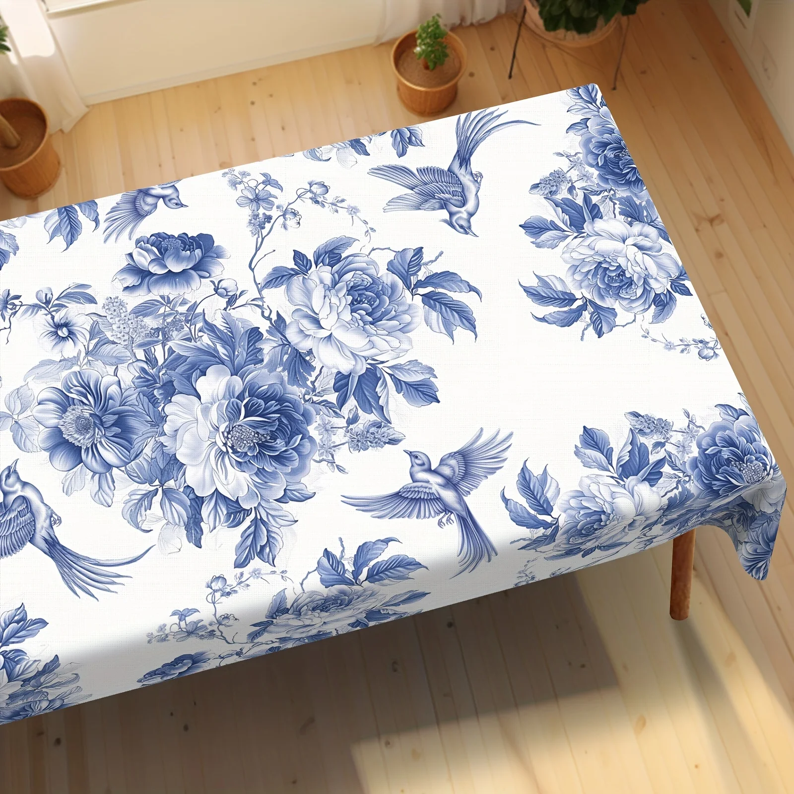 Blue and White Porcelain Floral Bird Rectangle Tablecloth Holiday Party Decor Reusable Waterproof Tablecloth Wedding Decorations