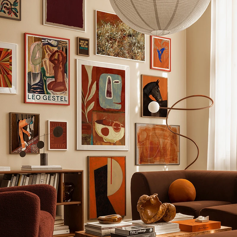 Marbled Ochre Oxblood Stallion Terracotta Lines Abstract Wall Art Vintage Decor Painting Canvas Print Poster Picture Living Room