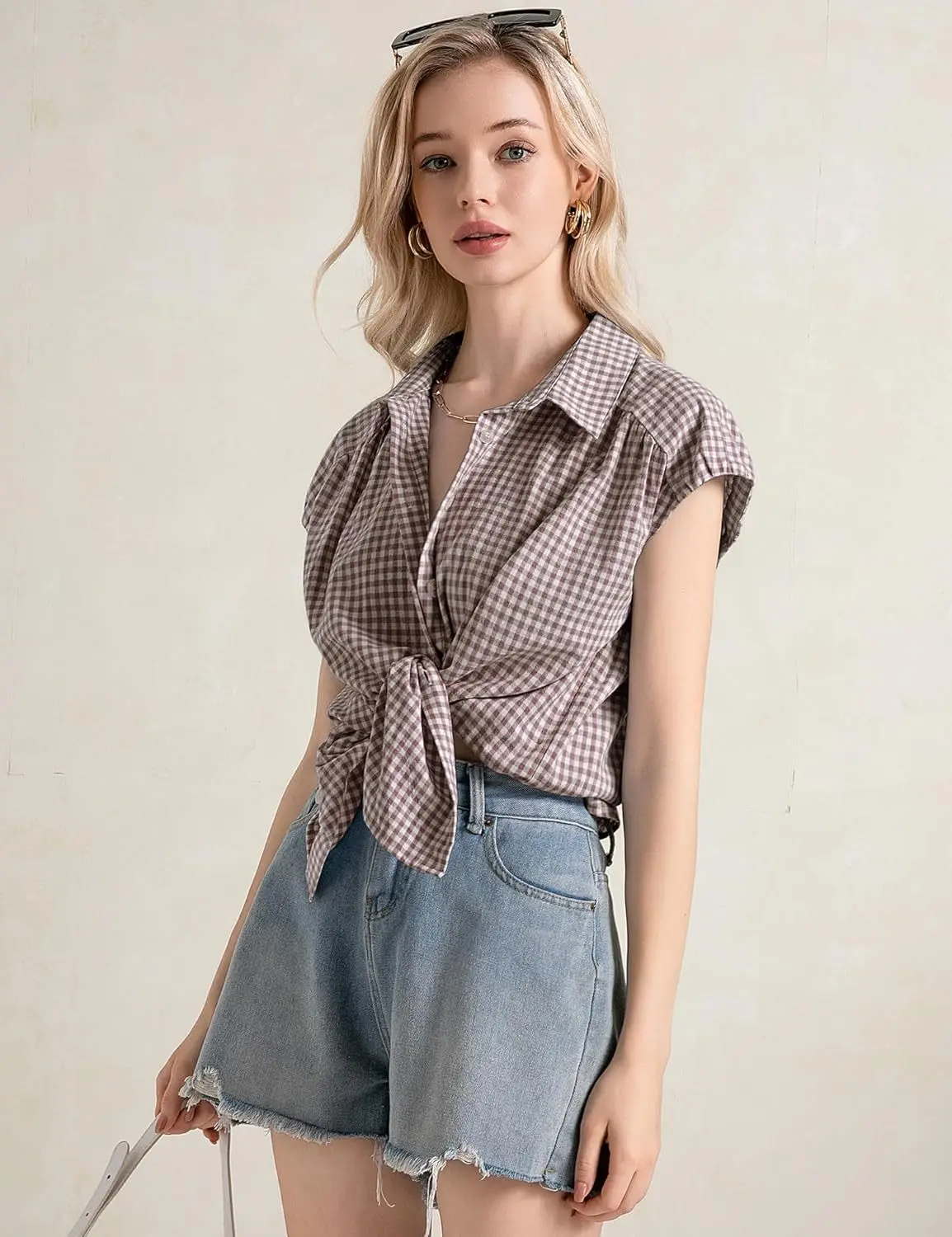 

2025 New Summer Women's Short-sleeved Shirt Plaid Fashion Top Button Cardigan Female Casual Versatile Lapel Basic Blouses