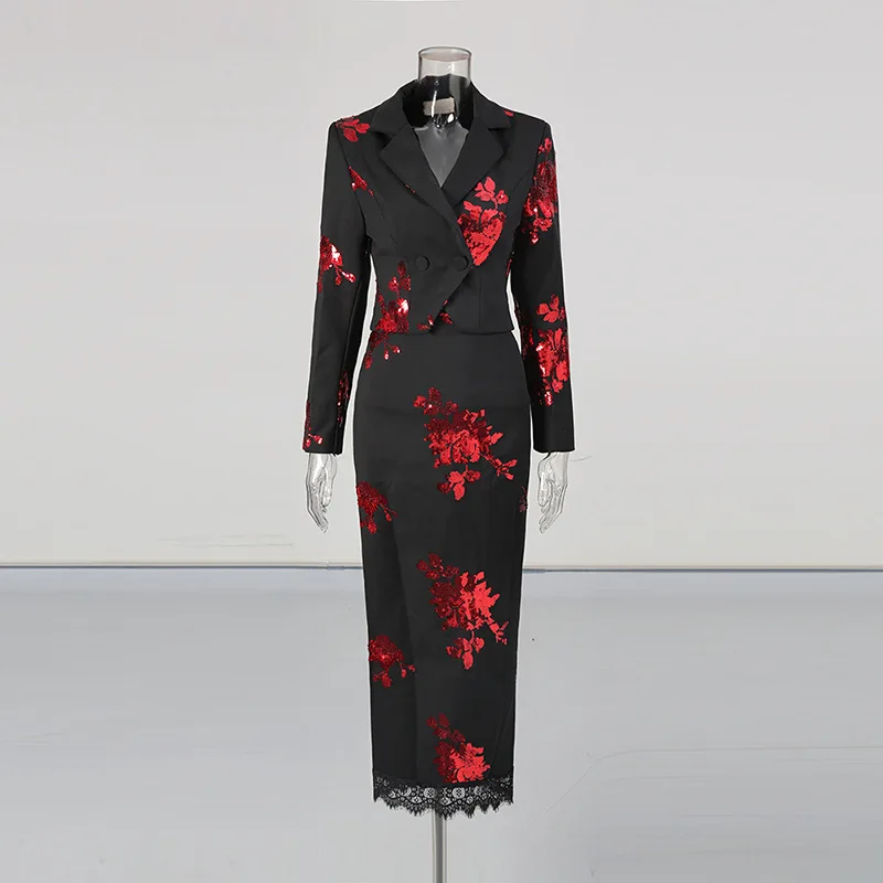 HKSH otoño nuevo conjunto de mujer cuello vuelto lentejuelas flor chaqueta corta Oficina señora abrigo encaje Patchwork A-line falda elegante HK11555