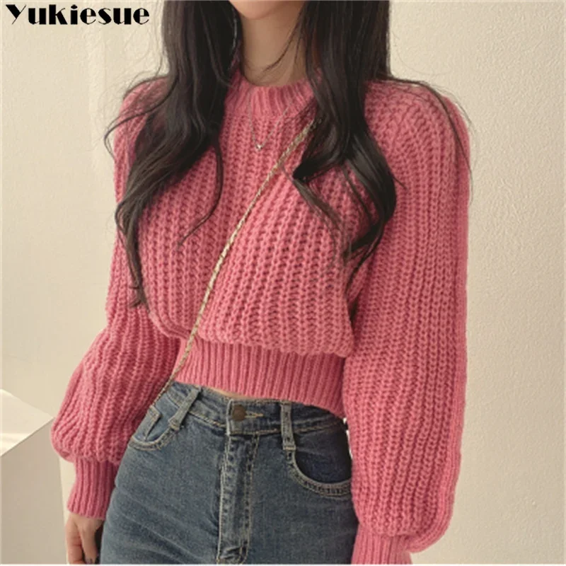 

2023 Winter Autumn Korean Edition Knitted Sweater Pullovers New Design Cute Sweet Girls Solid Round Neck Short Crop Knit Tops