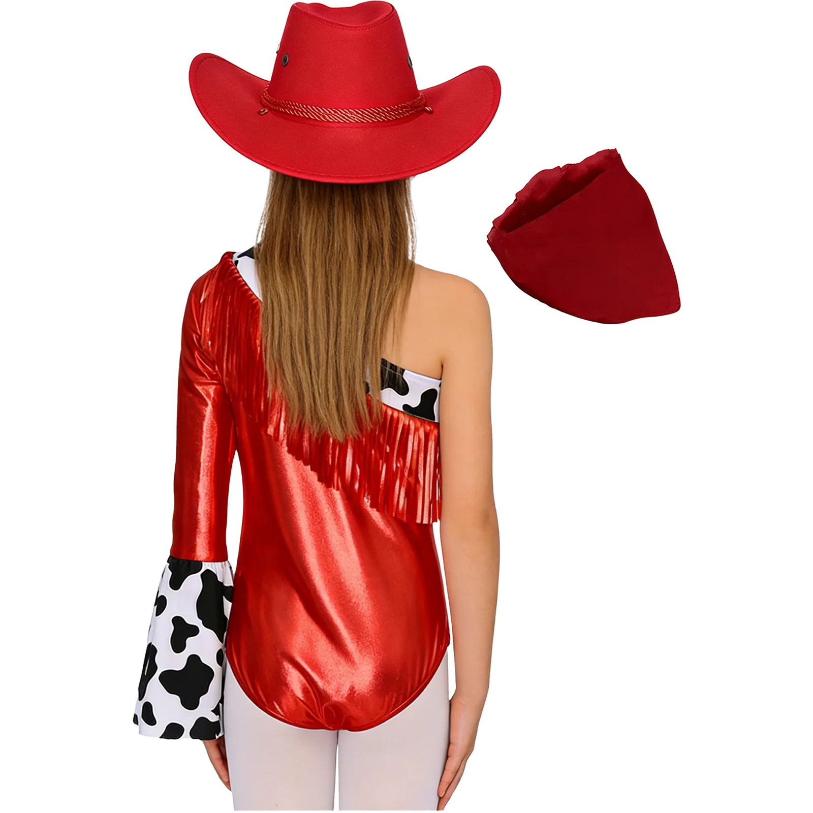 

Cowboy Costume for Girls One Flare Sleeve Fringed Metallic Leotard Bodysuit Hat Bandanna Set Halloween Western Cowgirl Clothes