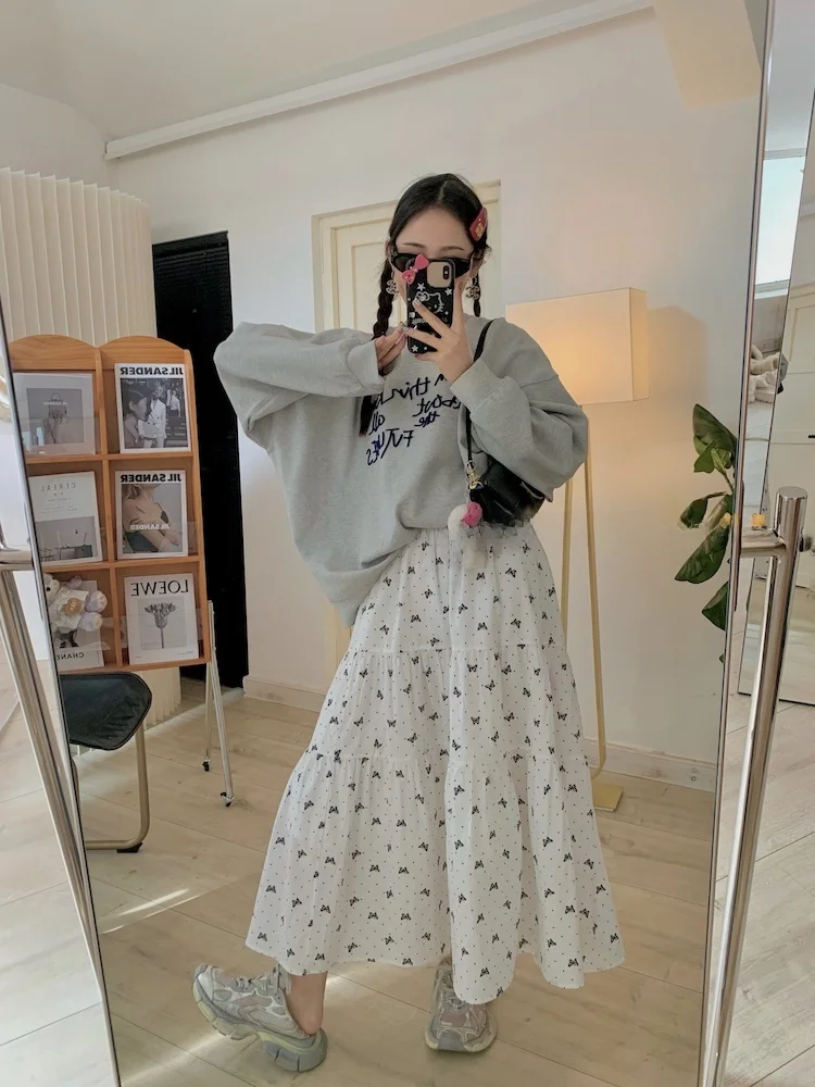 

Romantic A-Line High Waist Floral Print f Skirt Women's Loose Versatile Mid-Length Cotton Skirt