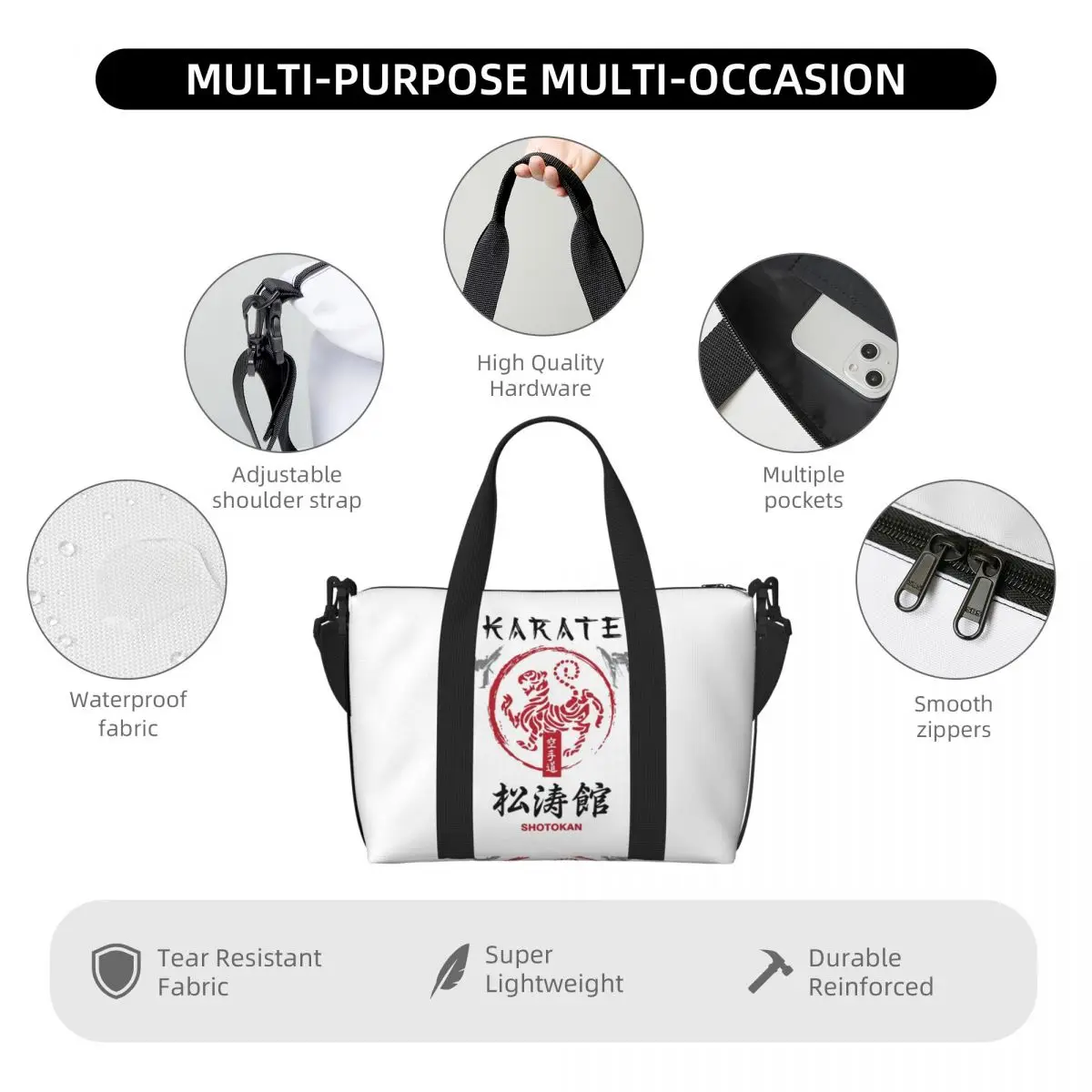 Shotokan Karate Simbolo e Kanji Borsa da viaggio da spiaggia con testo bianco Borse tote di grande capacità per palestra Borsa a tracolla per lo shopping da donna