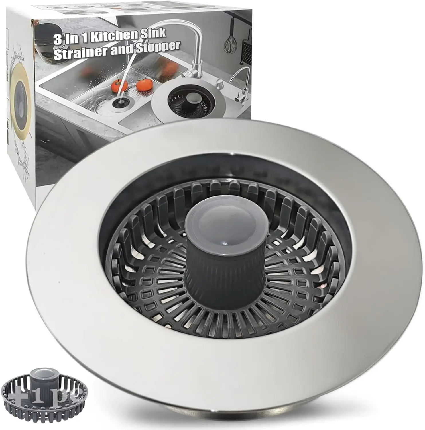 

3 in 1 Kitchen Sink Drain Strainer, Universal for US Standard 3-1/2 Inch, Chrome Silver