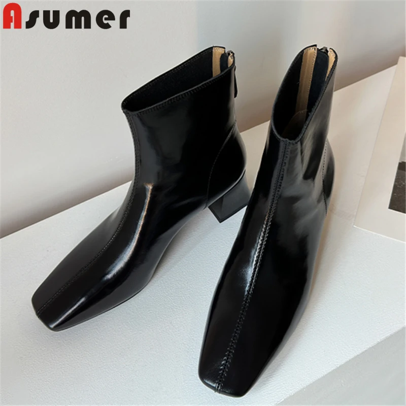 

ASUMER Size 34-43 New Genuine Leather Boots Women Zipper Square Toe Fashion Ankle Boots Black Brown Ladies High Heels Botas