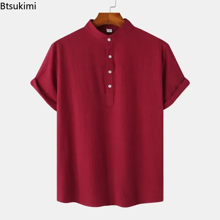 Camicia a maniche corte con colletto alla coreana solido da uomo nuovo estivo Comfort T-shirt da uomo casual in cotone e lino Top traspiranti Camicetta da spiaggia da uomo