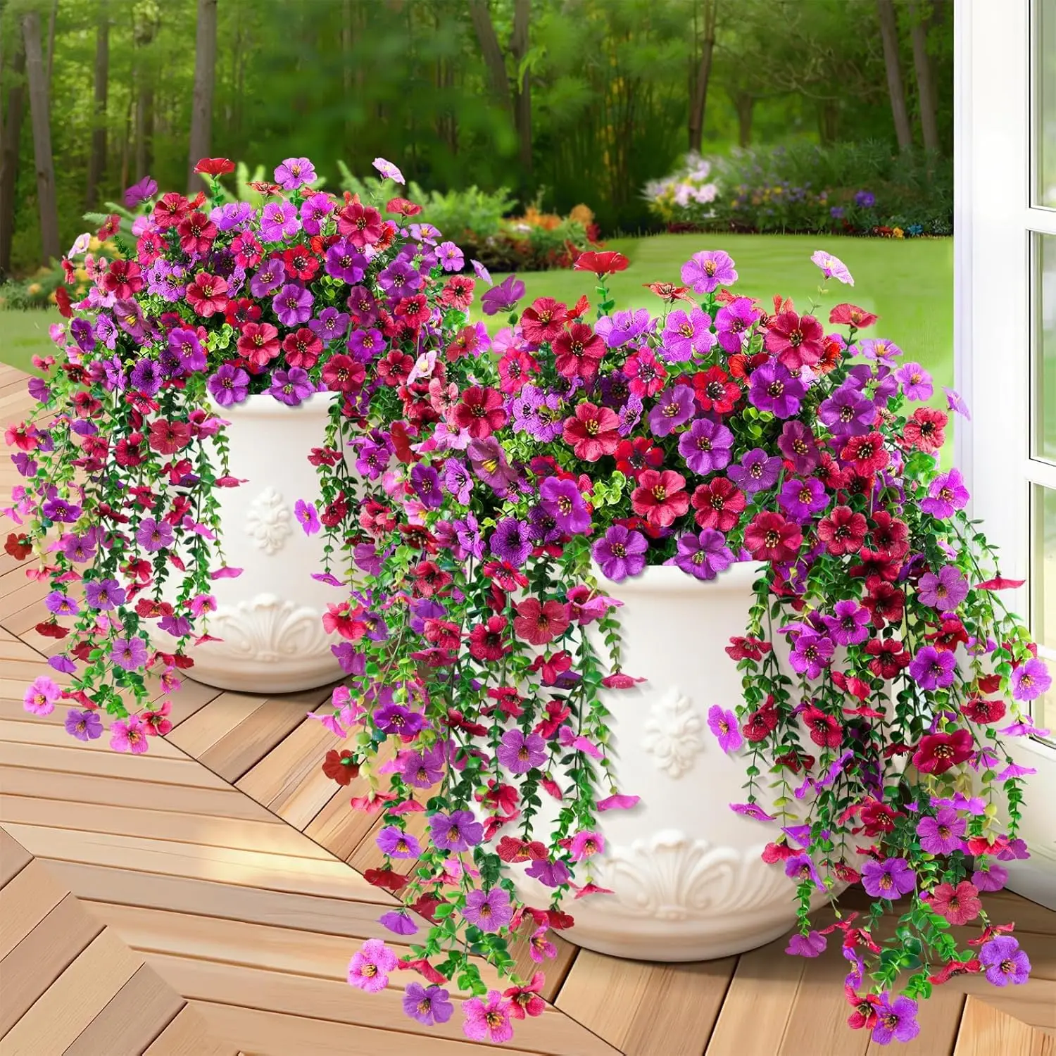 

4 Pcs Artificial Hanging Flowers, UV Resistant Fake Flowers with Flexible Stems, Full Bundle Faux Flowers for Outdoor Pl