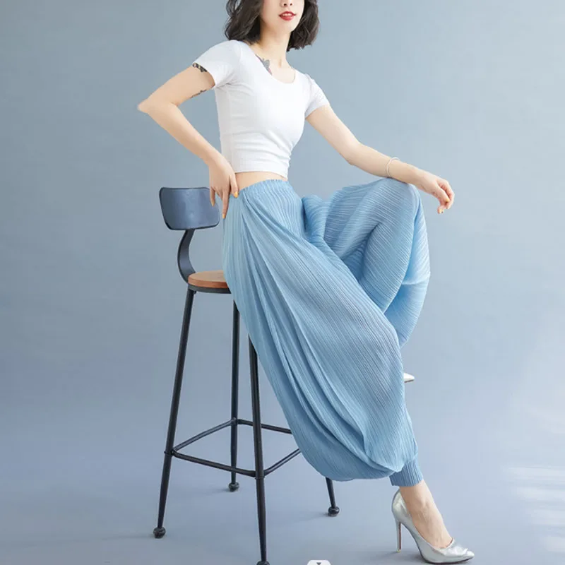 Pantalones Anchos Plisados para Mujer, Verano Otoño, Nuevo Estilo, Largos, Delgados, Sueltos, Casuales, Tipo Farol, Diseño Plegado, Ajuste Cómodo