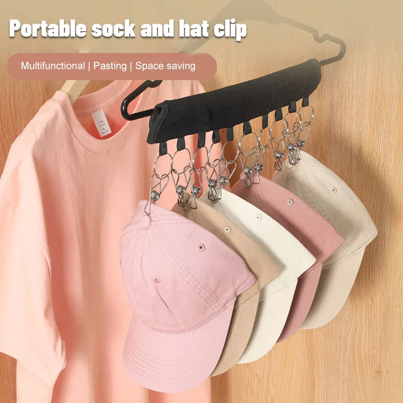 1pc Black Foldable Hat Hanging Clip With Velcro Self-adhesive Clip For Storing Clothes and Hats Wardrobe Storage