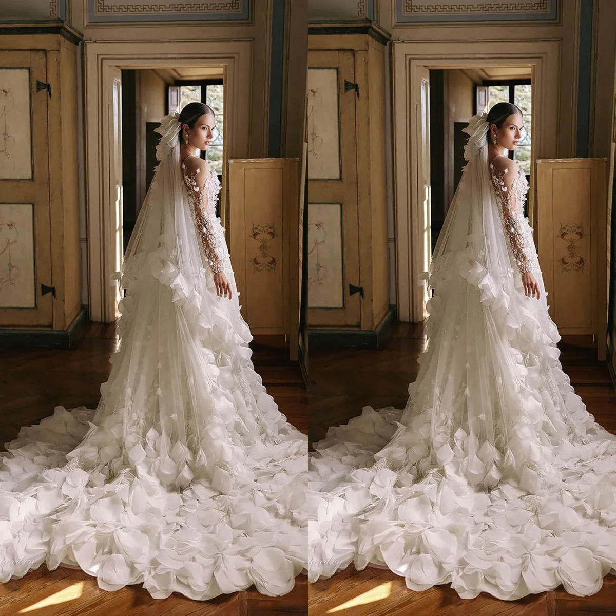 

Luxury Wedding Veils One Layer Tulle Appliques Lace Flowers Tulle Headdress Elegant Bridal Veil Cut Edge Customized Length Veils