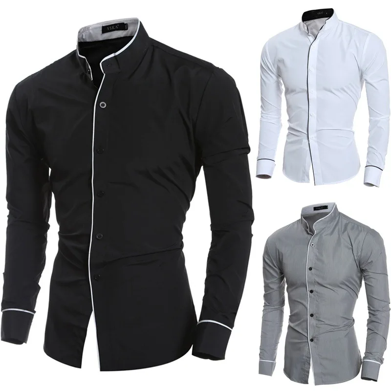 high quality Men\'s Spring New Solid Color Simple Casual Korean Version Slim Fit Long Sleeve Shirt