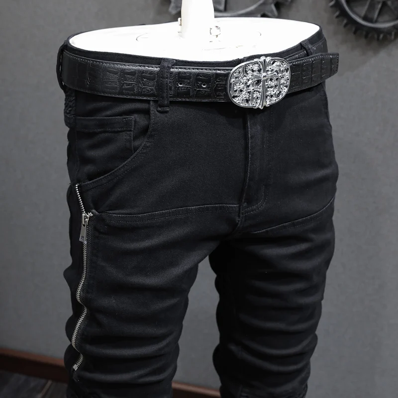 High Street Fashion Men Jeans Black Elastic Stretch Skinny Fit Ripped Jeans Men Zipper Designer Hip Hop Denim Punk Pants Hombre
