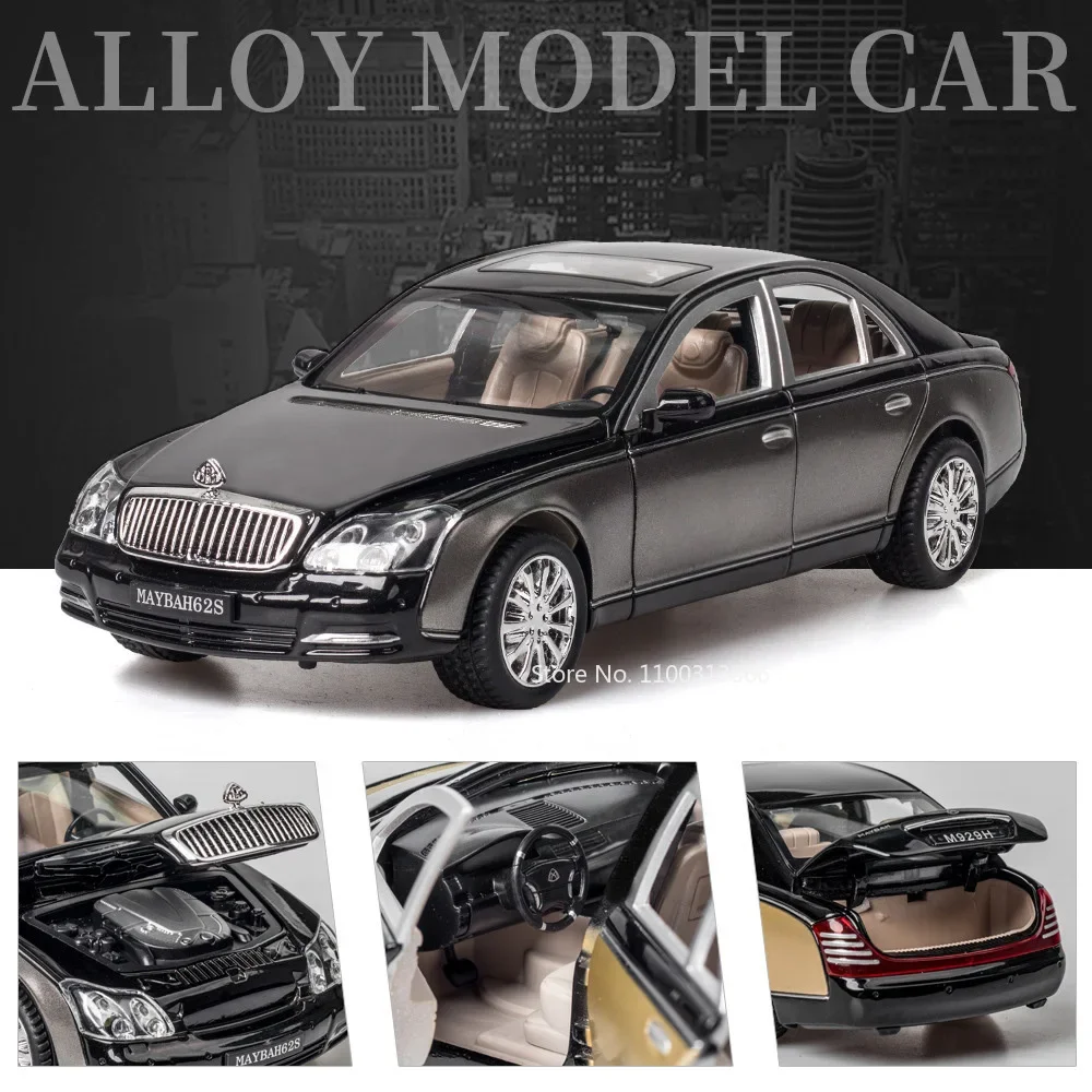 Coches de juguete Maybach 62S de aleación 1:24, modelos de fundición a presión, 6 puertas abiertas, modelo en miniatura, juguete musical con luz extraíble, regalos para niños pequeños