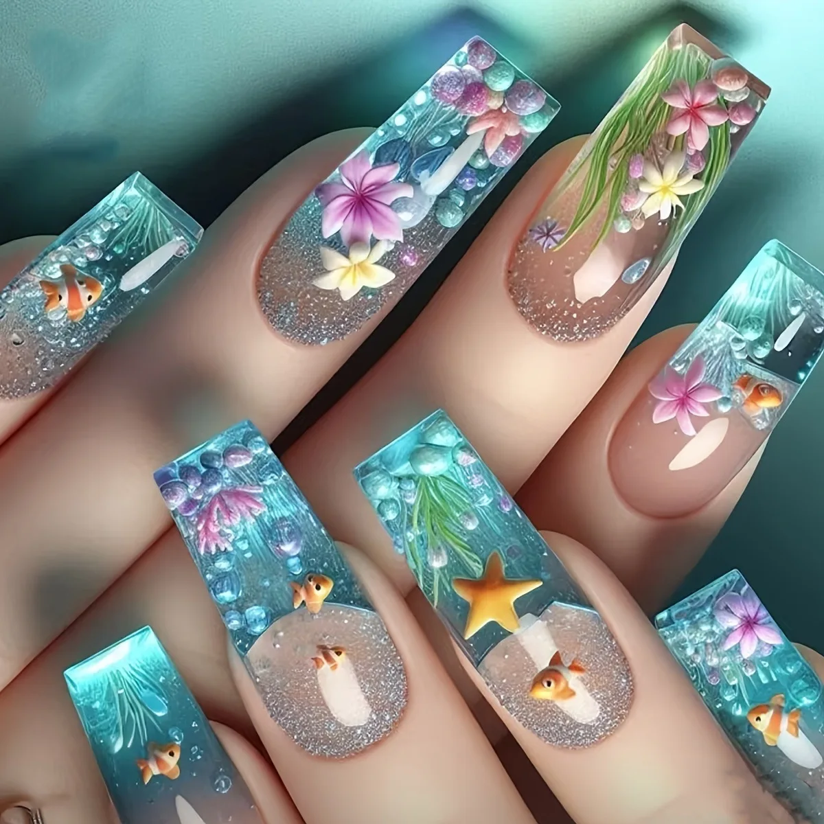 Flower Press on Nails 3d Press on Nails Fish Sea Press on Nails Seashell Fake Nails Ballet Tips False Nails Press on Gradient