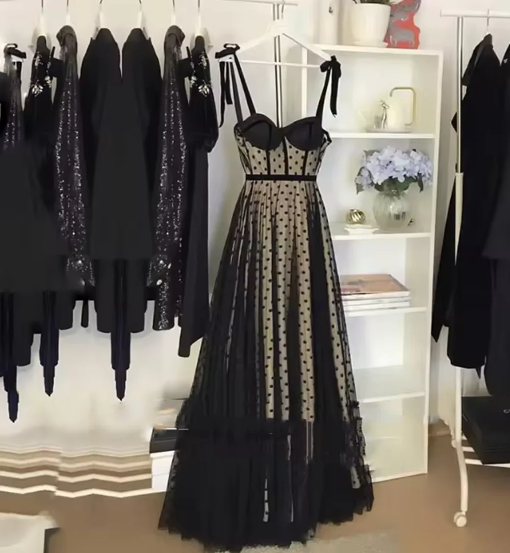 Polka Dot Black Prom Dresses 2024 Sweetheart Spaghetti Strap Formal Events Evening Gowns Graduation Party Gowns Customized